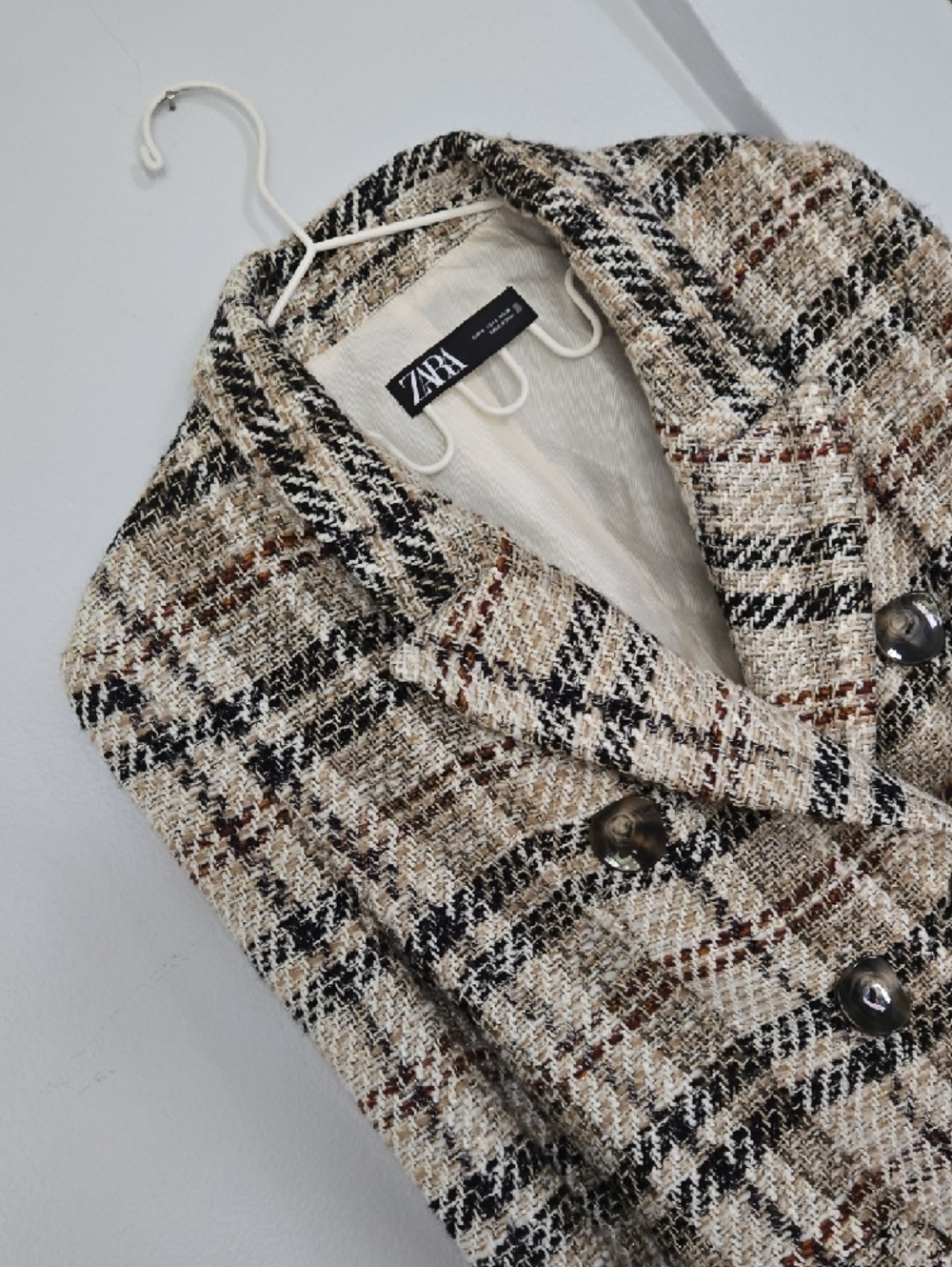 Zara Beige Multi Plaid Double-Breasted Blazer - Picture 3 of 15